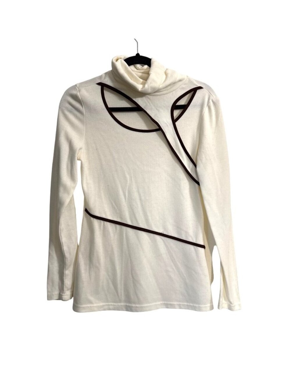 Venus Womens White Long Sleeve Top With Brown Trim & Turtleneck Style